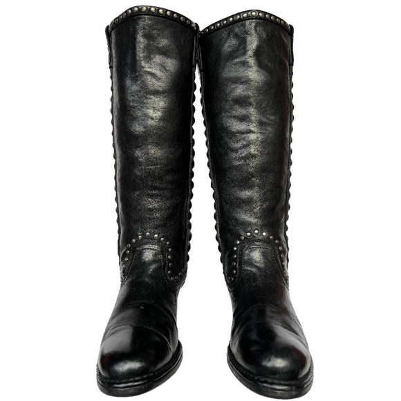 FRYE Vintage Studded Tall Knee High Black Leather Biker Moto Riding Boots 7 7.5 - Picture 3 of 7
